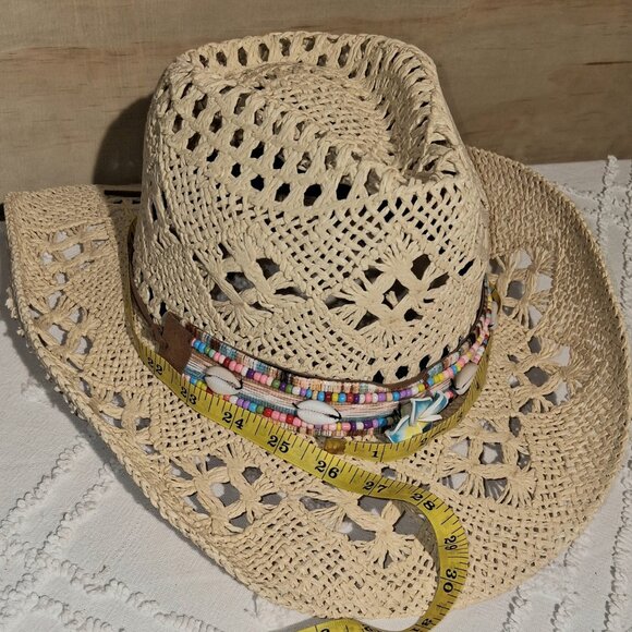 Boho CreamTribal Band Tycoon Crown Crochet Hollow Straw Cowboy Hat Festival - Picture 12 of 12